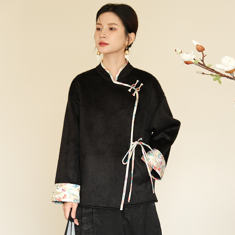 【伴月归】秋冬百搭汉服加厚唐装茶服中式国风提花双面毛呢黑色外套