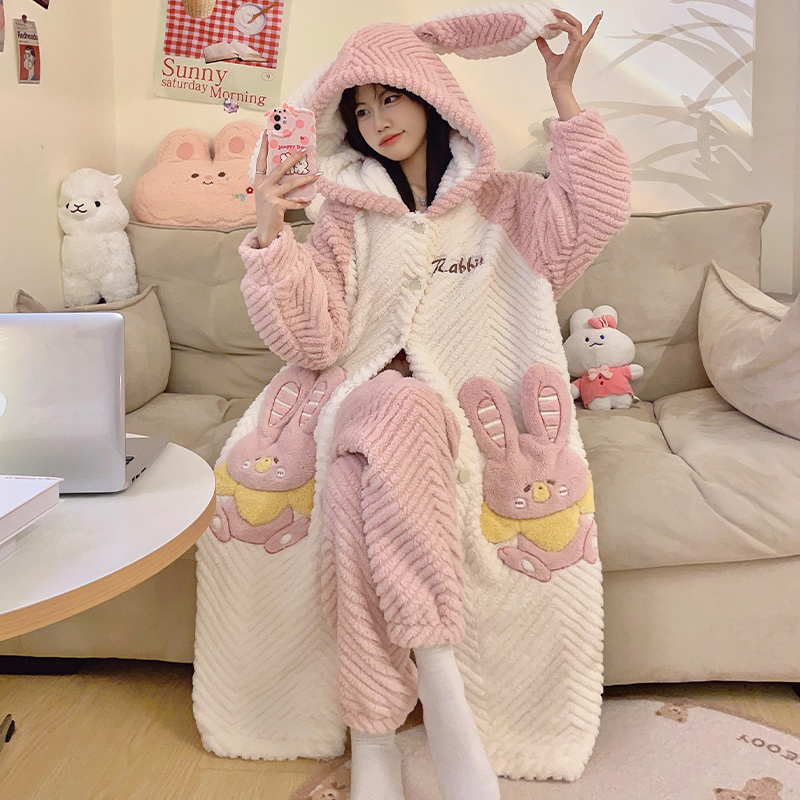Meng luan/梦鸾【英文兔子】冬季可爱保暖睡袍女士可外穿家居服-297