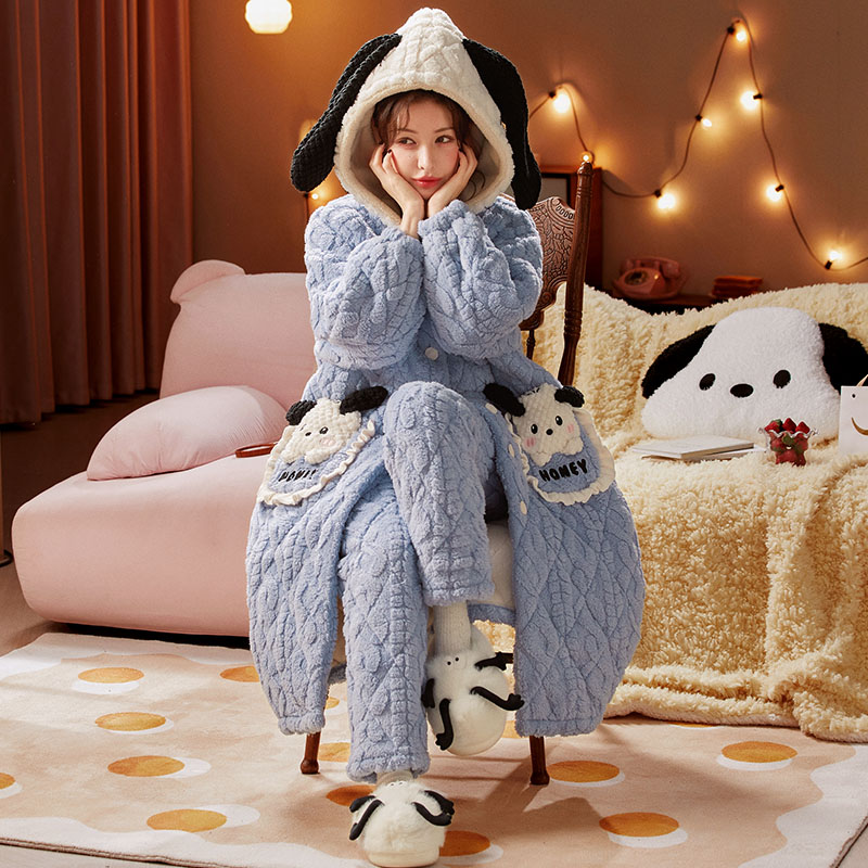 2023冬季新款可爱卡通三层夹棉加厚加绒舒适保暖睡袍女居家可外出
