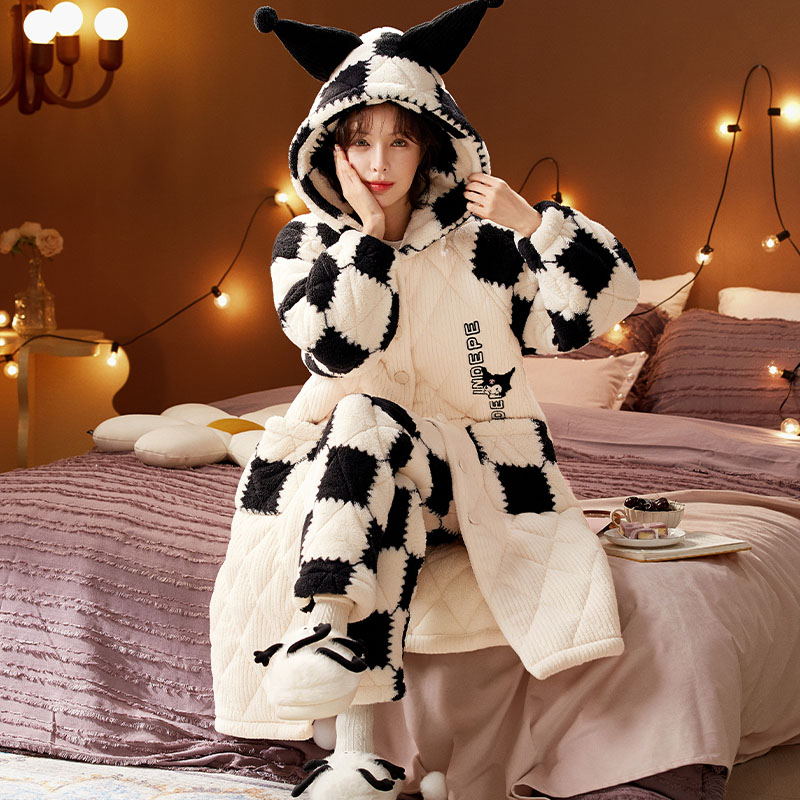 【三层夹棉加厚】2024冬季格子兔子加绒睡袍女士家居服连帽保暖套装