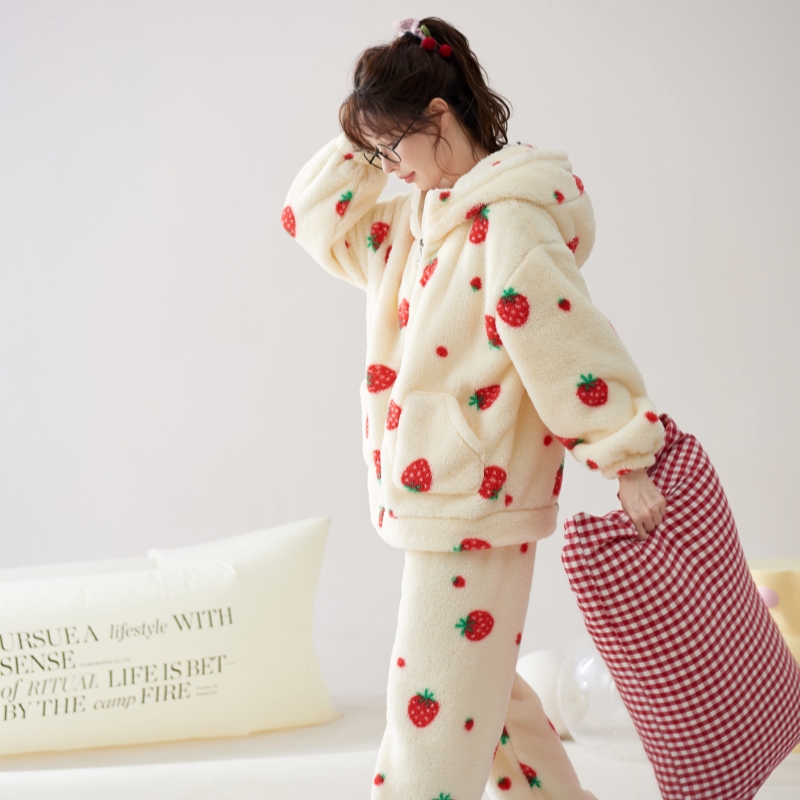 2024年新款加绒印花平纹连帽女士长袖睡衣居家服可外穿