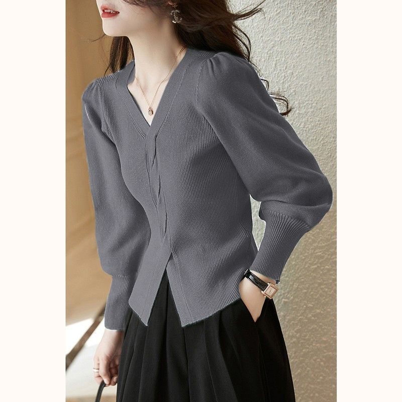 针织衫秋冬季新款短款泡泡袖套头法式气质红色V领开叉