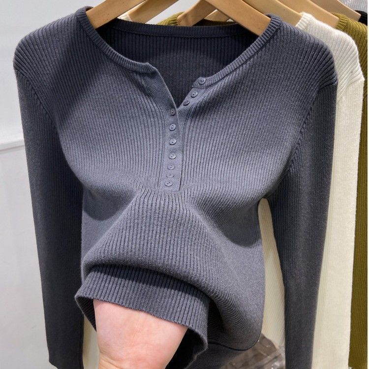 春秋内搭针织2023新款爆款修身长袖黑色紧身上衣打底衫女v领毛衣