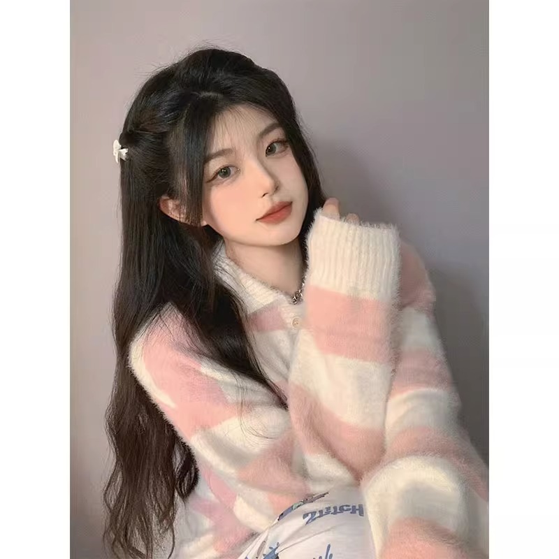 奶fufuPOLO领毛衣女秋冬宽松慵懒风复古日系甜美设计感小众针织衫