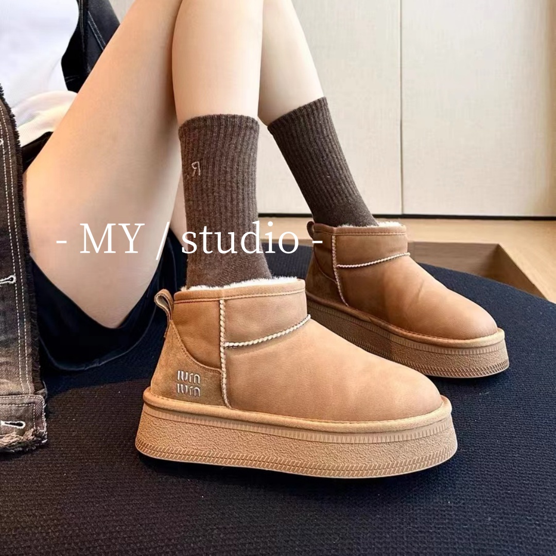 MYstudio~MIU家秋冬新款松糕厚底加绒防水真皮百搭时尚低帮雪地靴