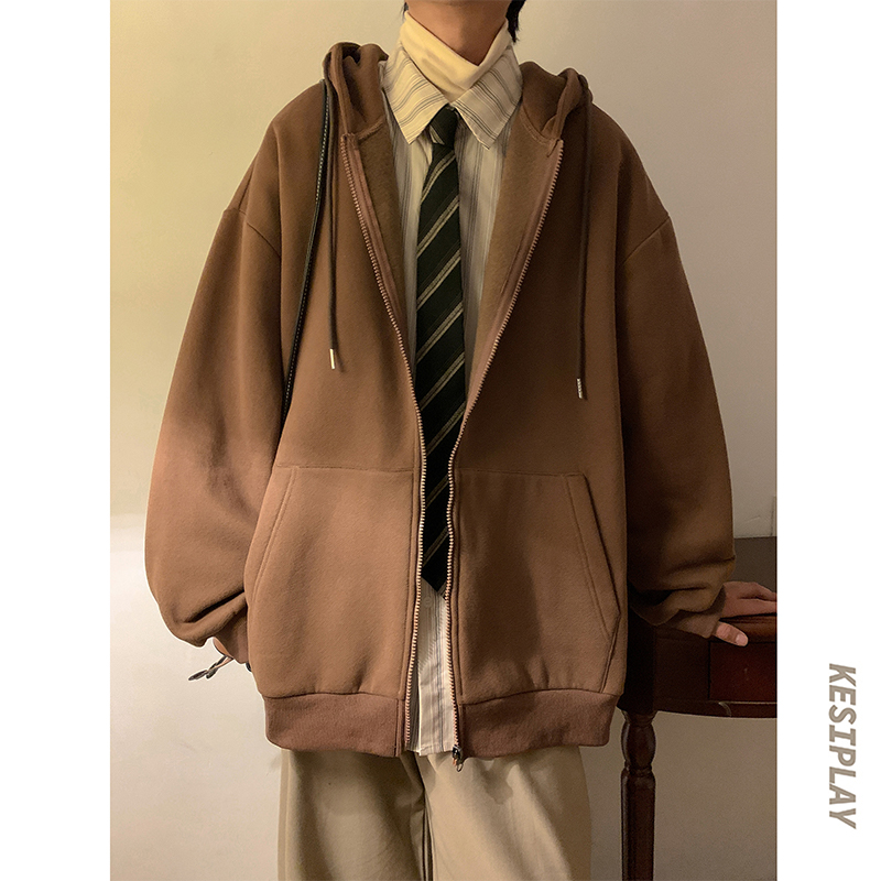 日系咖色连帽卫衣男少年感加绒加厚高级感ins潮牌开衫外套春秋季
