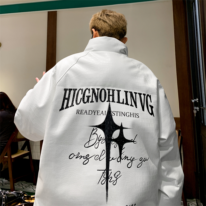 四芒星白色pu皮棉服oversize棉衣外套男冬季高级感美式潮牌面包服