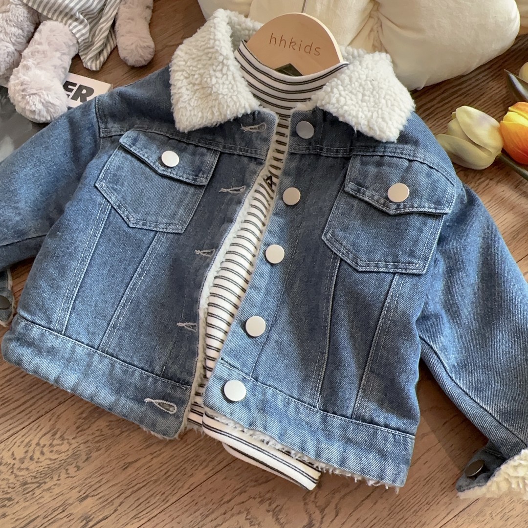 HHkids儿童卡通牛仔外套2023新款宝宝秋冬装休闲加绒上衣AWT308