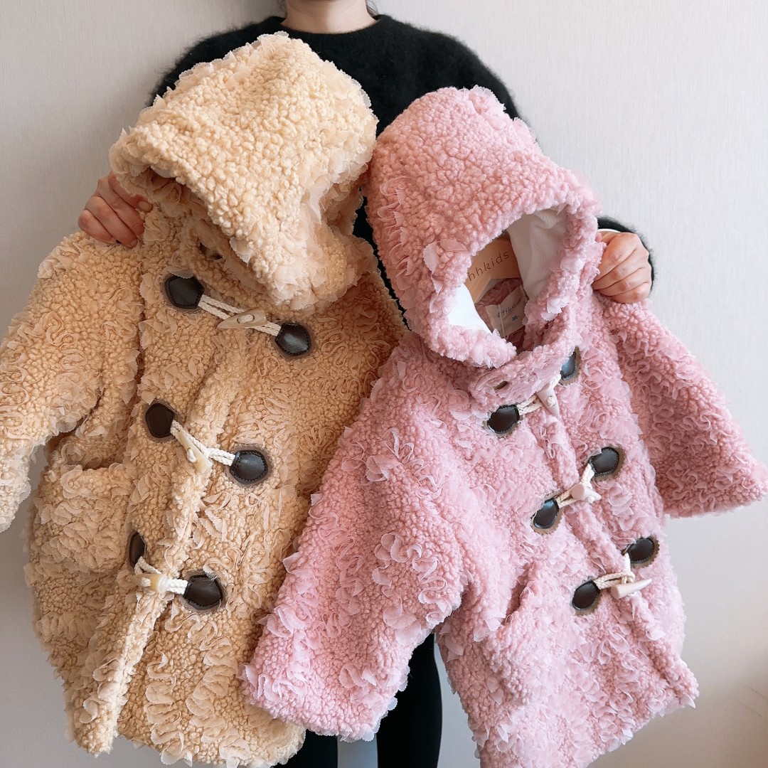 HHkids女童洋气外套2023冬季新加厚保暖连帽羔羔毛时髦上衣HWT635