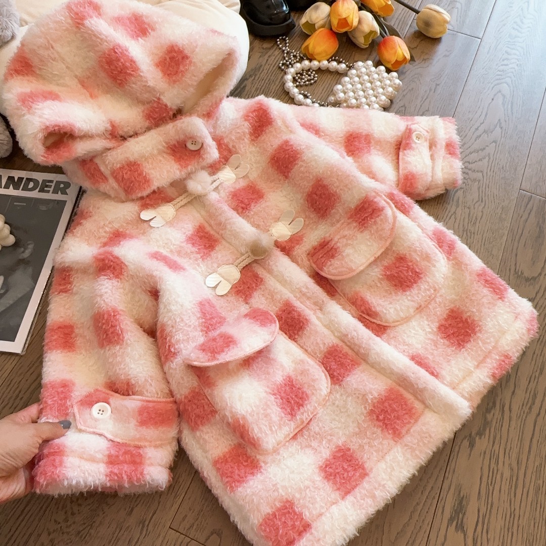 HHkids儿童甜美可爱格子外套2023冬季新款加厚连帽时髦上衣CWT555