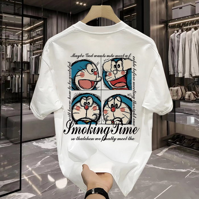 夏季新款重磅纯棉短袖男女卡通哆啦A梦设计图案印花国潮T恤上衣服