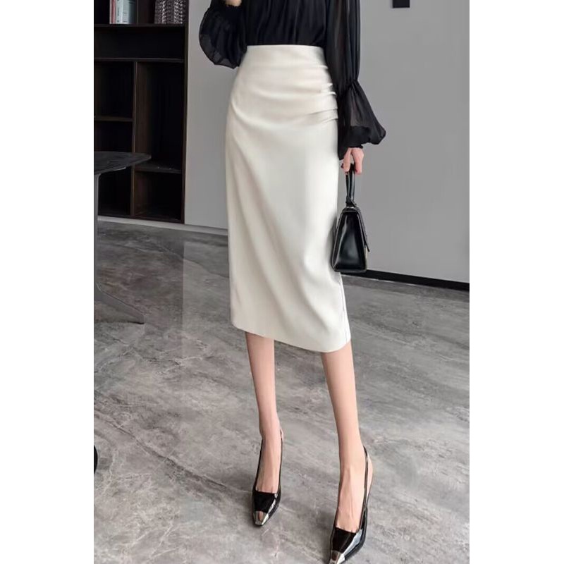 褶皱半身裙女2024夏季新款韩版气质显瘦中长裙百搭高腰开叉包臀裙