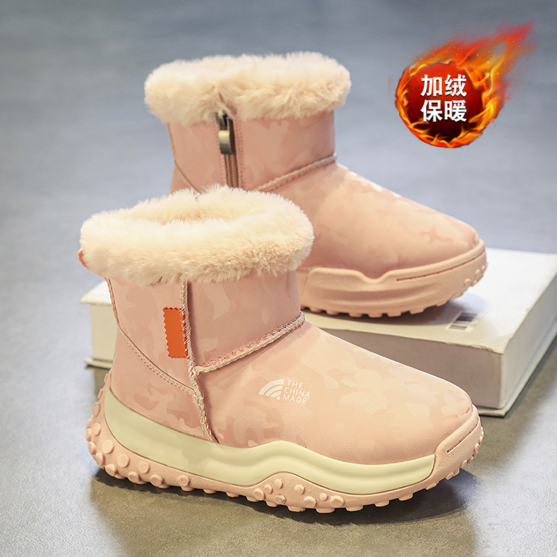 冬季回力休女童雪地靴皮毛一体新款面包鞋女孩儿童加绒加厚短筒棉