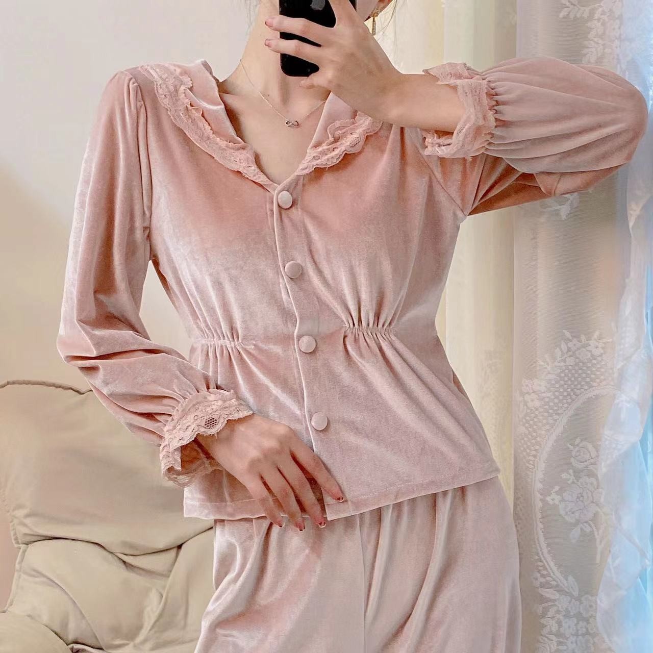 板栗小姐-【倒数】简约纯色秋款面料柔软睡衣女家居服套装可外穿5