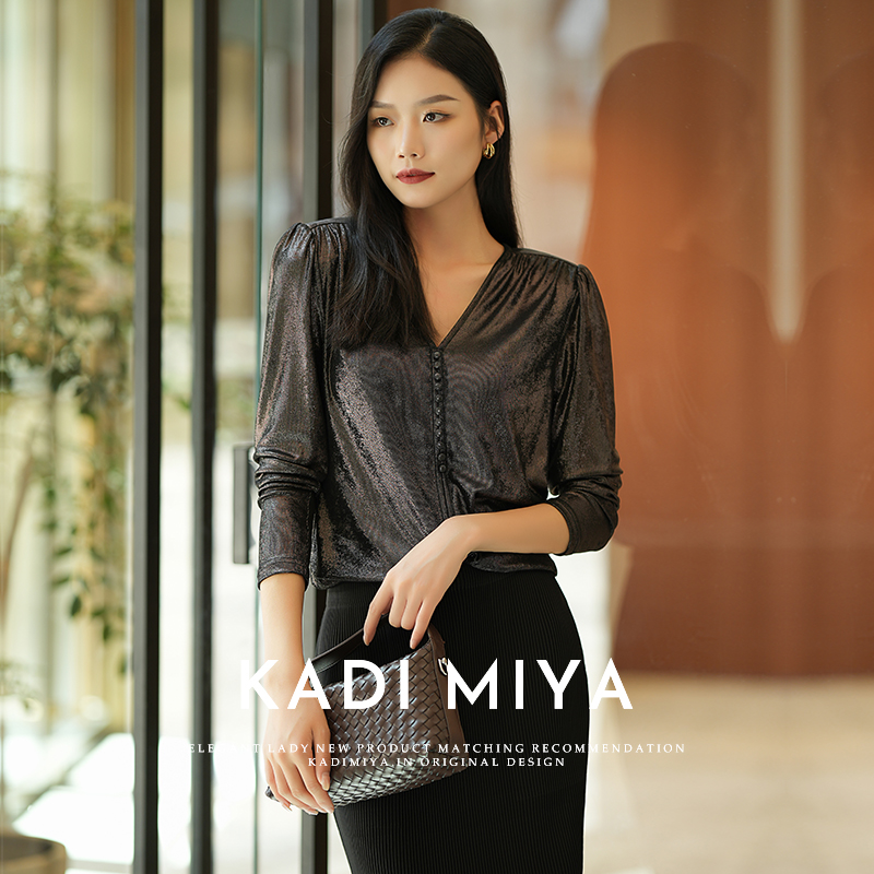 KADIMIYA人鱼姬法式复古港风chic上衣高端V领衬衫性感别致衬衣