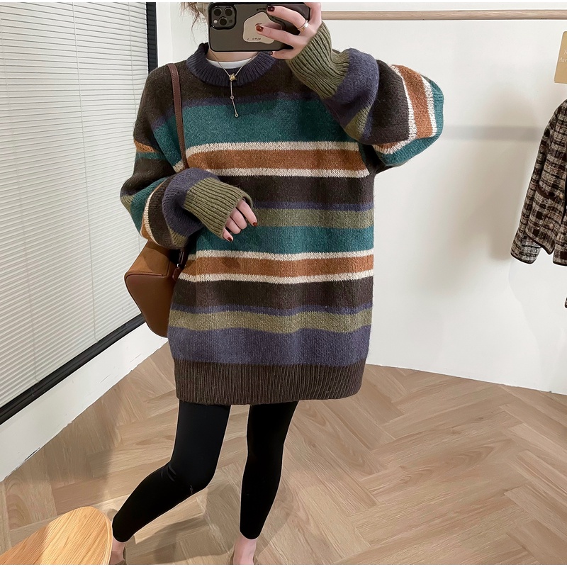 2023秋冬新款韩版条纹拼色针织衫女套头时尚宽松中长版慵懒风毛衣