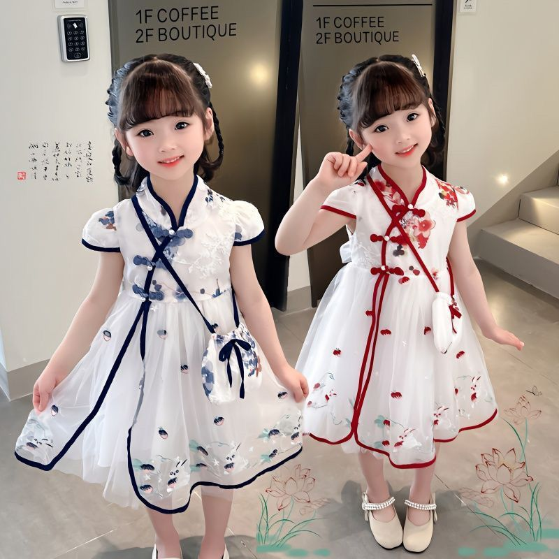 女童夏装汉服连衣裙 2023新款时尚中国风洋气复古小兔刺绣网纱裙