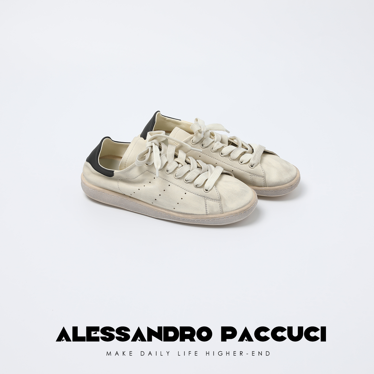 Alessandro Paccuci洛哥22168X琎口A芨粒面羊皮 三联名做旧小白鞋