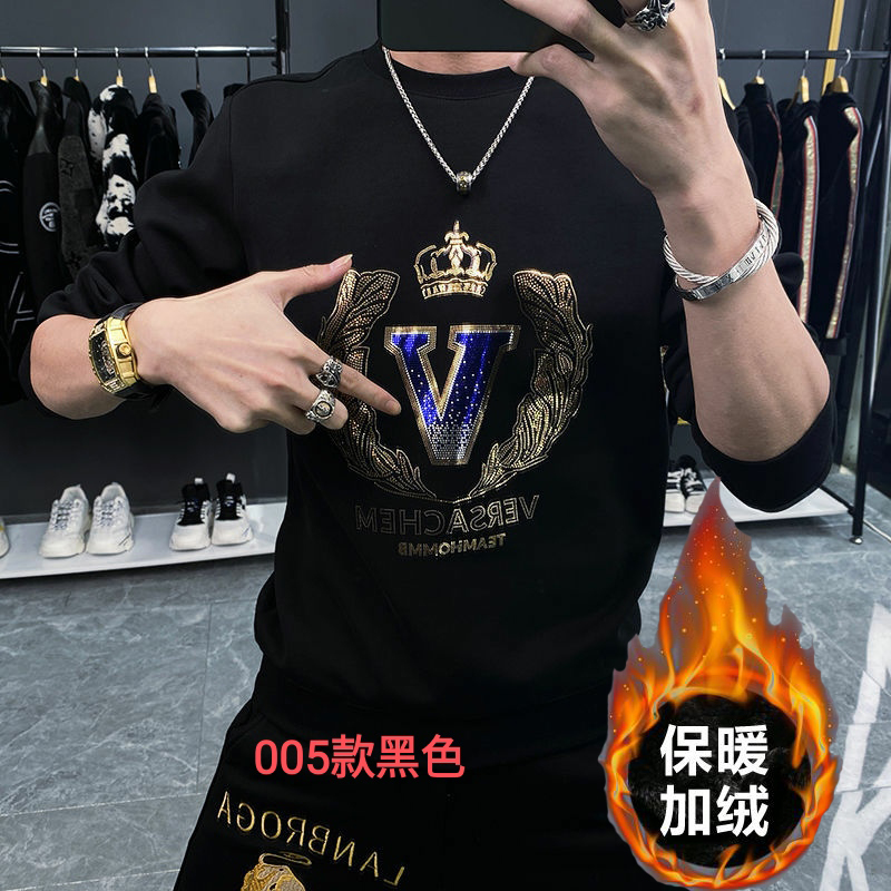 秋冬季加绒男装新款男士潮牌卫衣时尚宽松大码印花烫钻长袖卫衣男