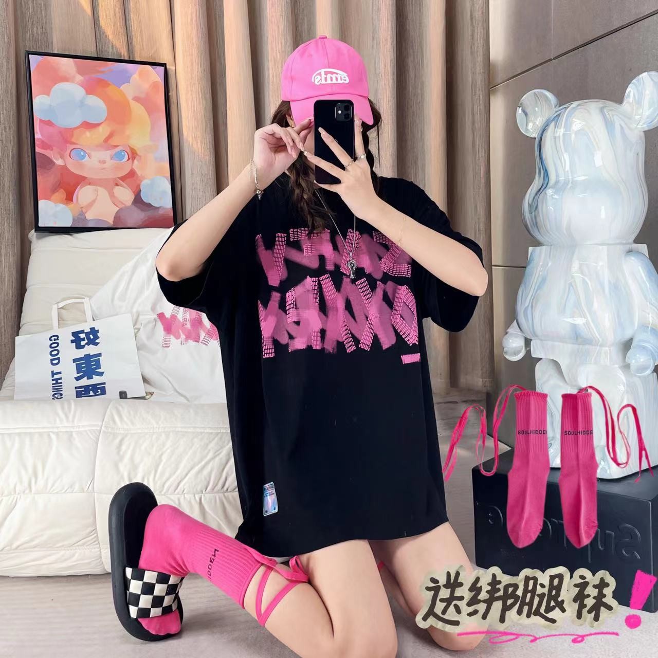 暴击玫红字母涂鸦印花春夏ins季新款短袖t恤下衣失踪OVERSIZE上衣