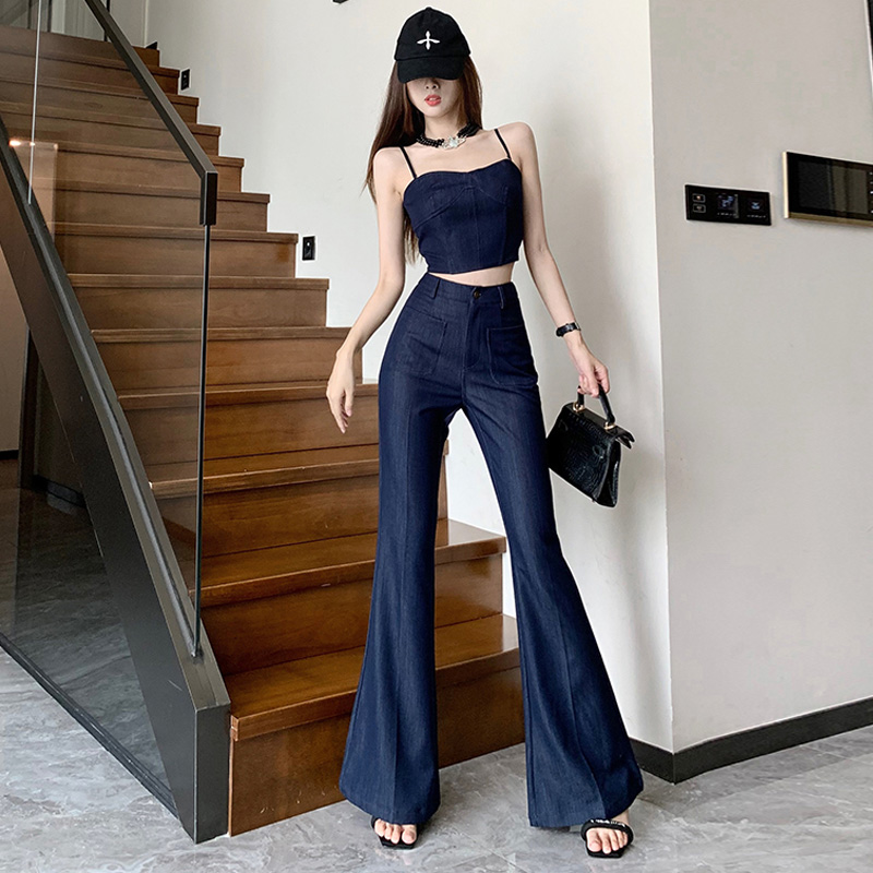 牛仔吊带背心短上衣复古港风时尚辣妹套装喇叭裤女高腰裤子两件套
