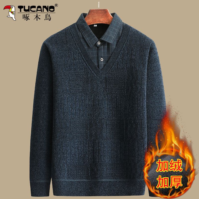 啄木鸟冬季加绒针织衫中老年男士爸爸装假两件雪尼尔长袖线衫毛衣