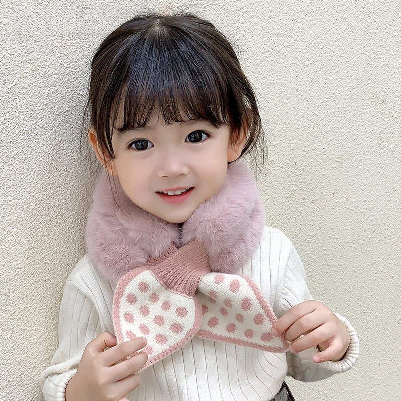 韩版波点仿兔毛儿童围巾女冬季加厚毛绒围脖宝宝小孩交叉脖套保暖