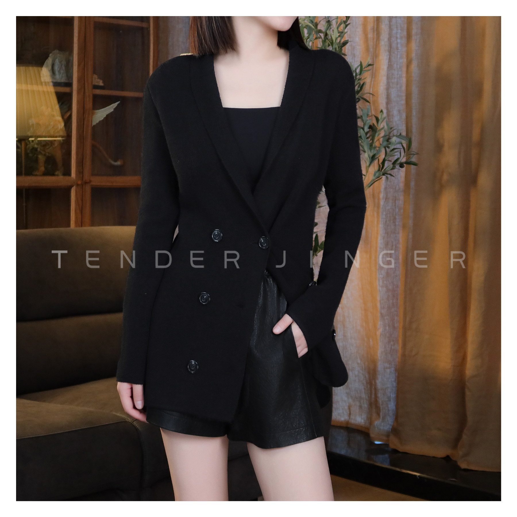 Tender Jinger女士新款高端黑色单西外套上衣【会】T228DDZ44561