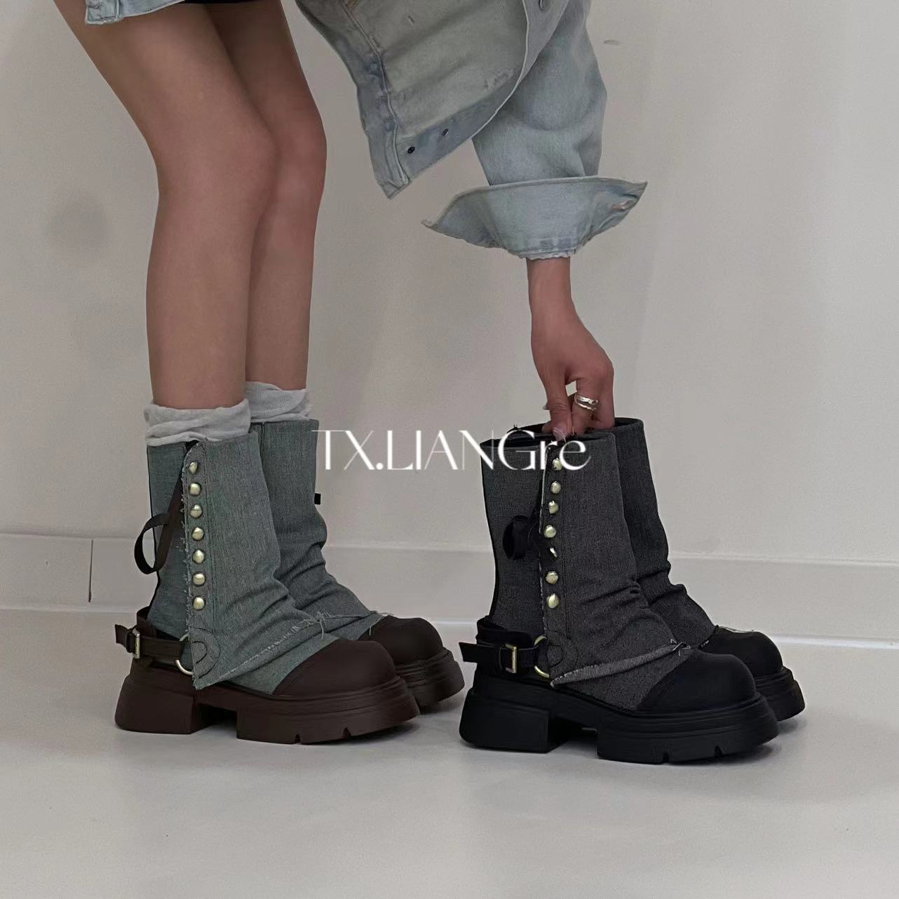 【TX.LIANGre】裤管靴美式西部牛仔布厚底女短靴秋冬辣妹中筒3059tx