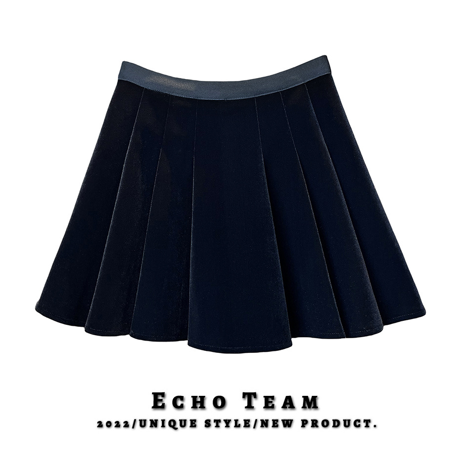 推荐！高品质黑色丝绒百褶裙秋冬季新款时尚高腰Ａ字半身裙子显瘦