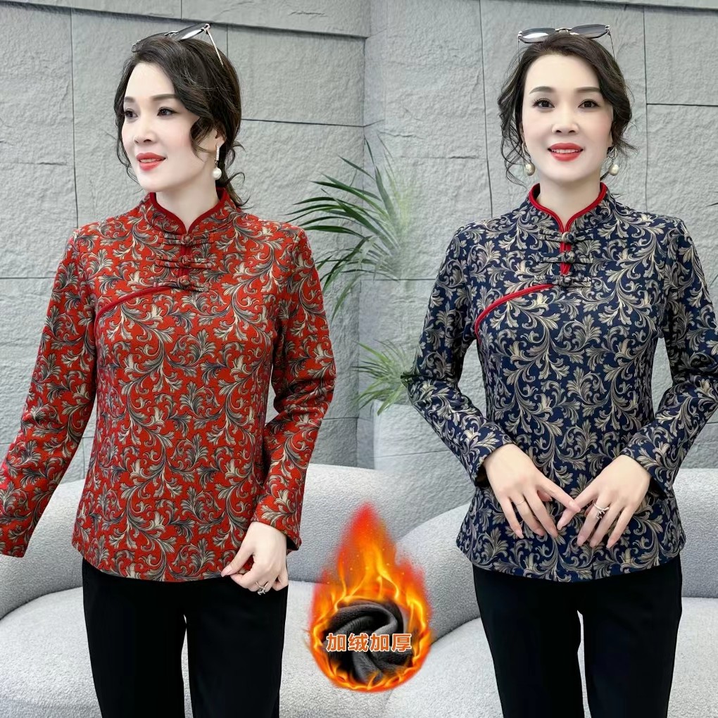线下199！638#秋冬妈妈装加绒盘口设计百搭上衣（XL~5XL 90~165斤）