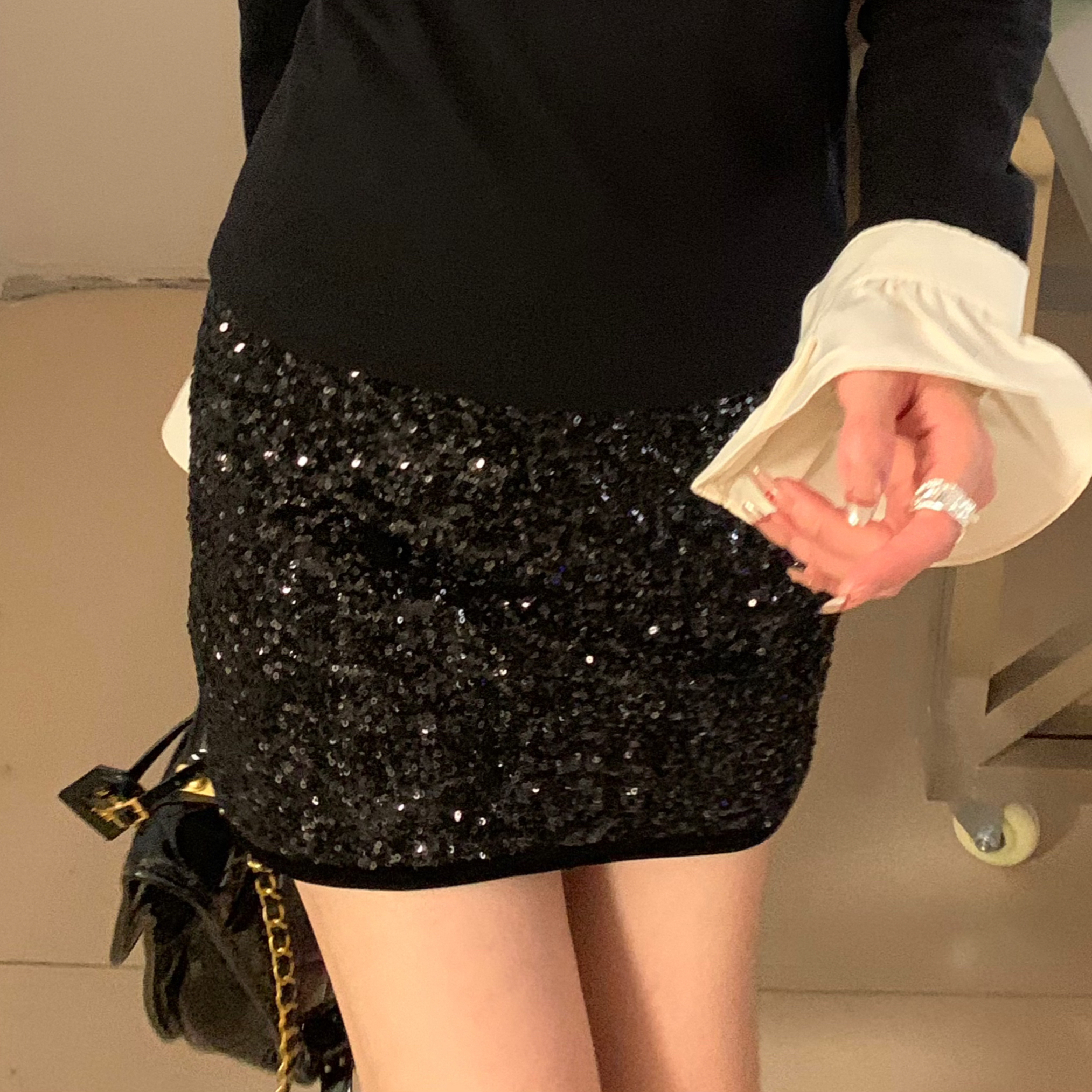 【赵小小YIMAO】2727 亮片毛呢小香风a字高腰粗花呢一步包臀半身裙