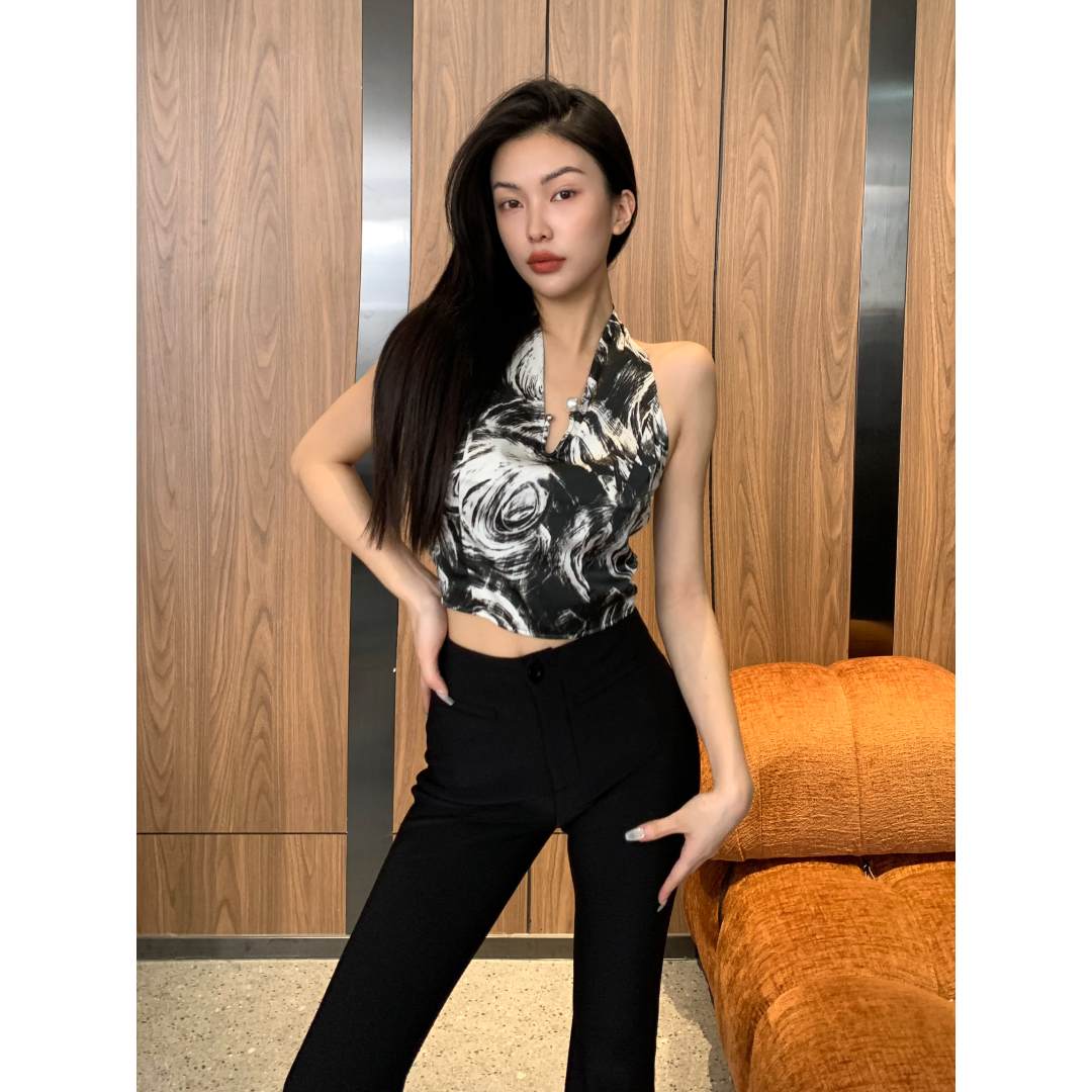 JINQ 夏季新款百搭复古新中式纽扣涂鸦印花拉链吊带背心JINQB0319