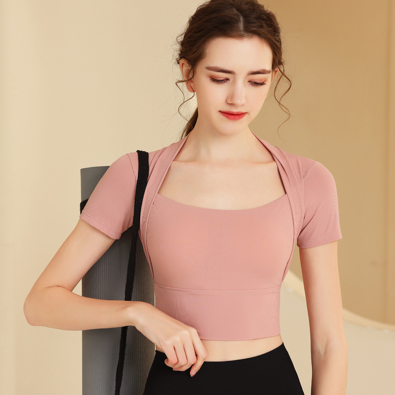 TZA带胸垫瑜伽服健身服跳操服螺纹裸感冰丝显瘦上衣女普拉提