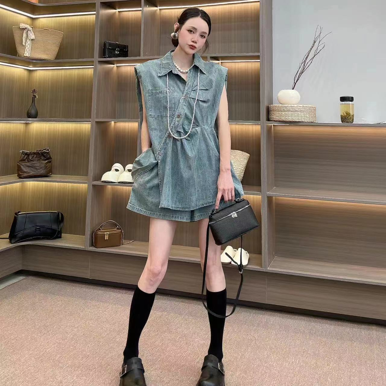 复古时尚牛仔套装欧货夏季无袖斜扣上衣阔腿短裤两件套X1