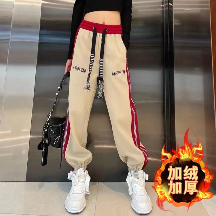 撞色拼条松紧腰束脚加绒卫裤女2023秋季新款时尚街头运动风休闲裤