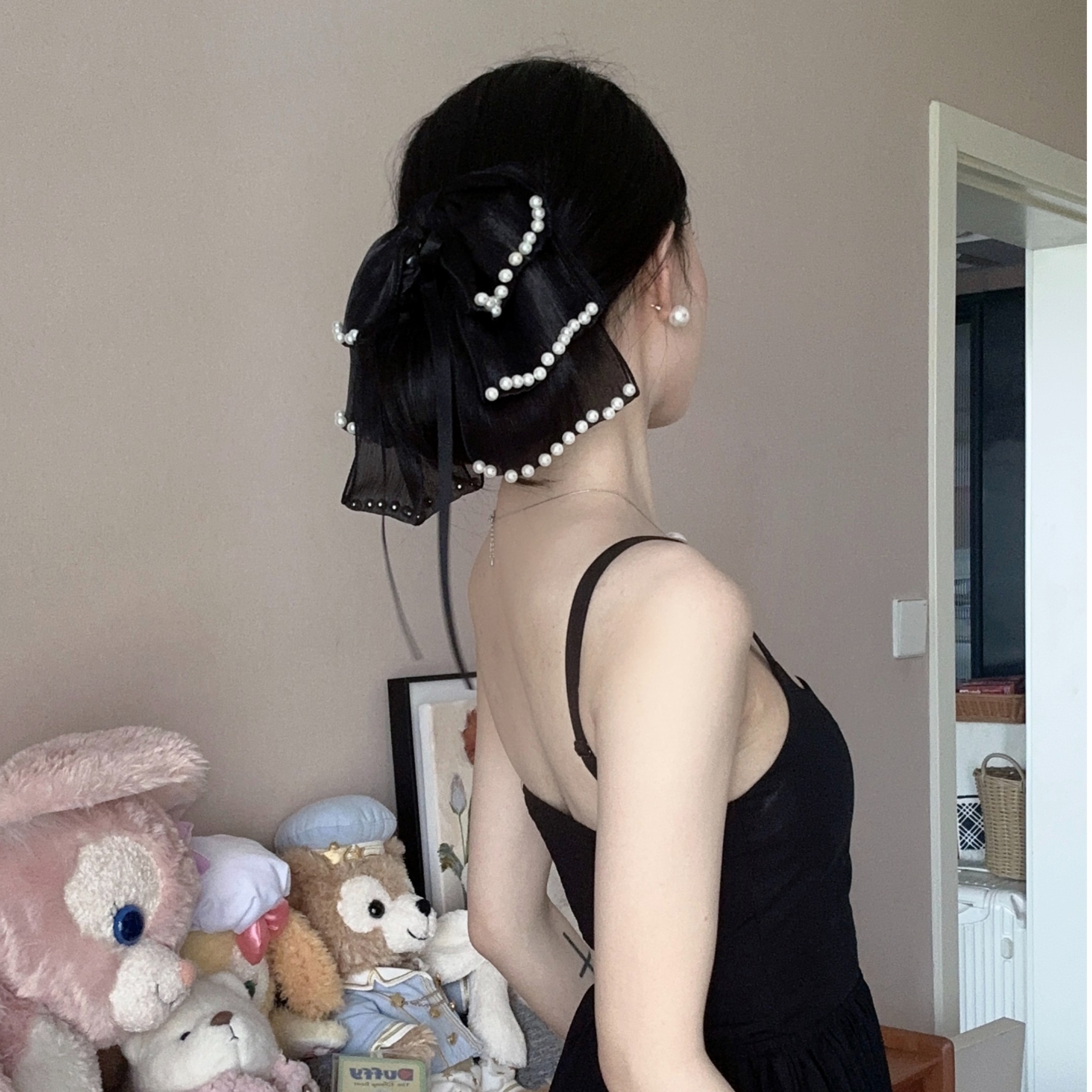 非金属仿珍珠发饰 黑色复古多层珍珠高马尾抓夹女百搭时尚发夹ins