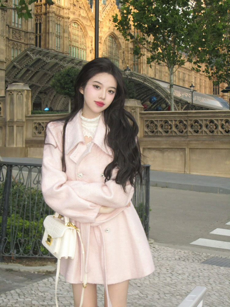 法式富家千金小香风粉色短款毛呢外套女秋冬季小个子气质呢子大衣