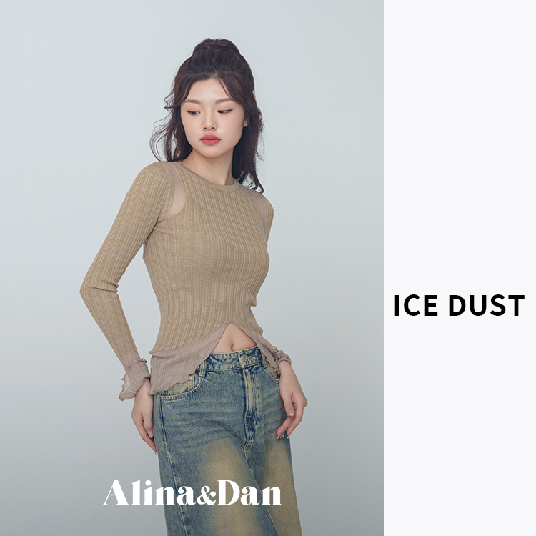 ICE DUST设计师品牌新款肩部镂空前开叉叭袖打底衫长袖修身套头衫