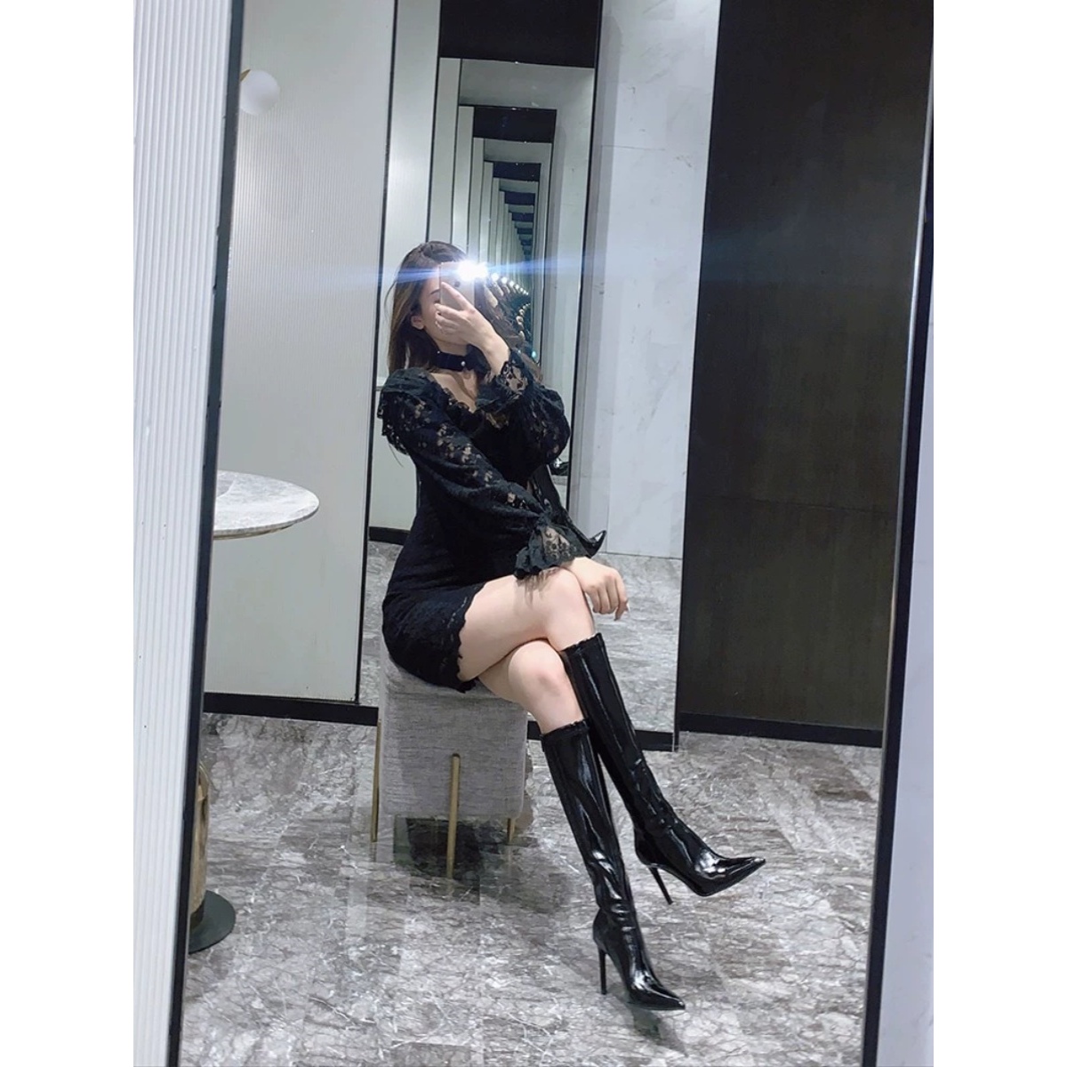 欧美时尚高筒漆皮长靴女2023年秋冬大东娅细跟中筒尖头瘦瘦长筒靴