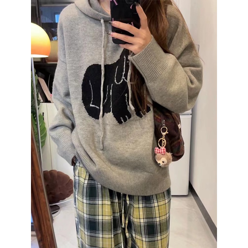 慵懒小狗纯色提花连帽针织衫女秋季新款小众宽松休闲套头毛衣外套