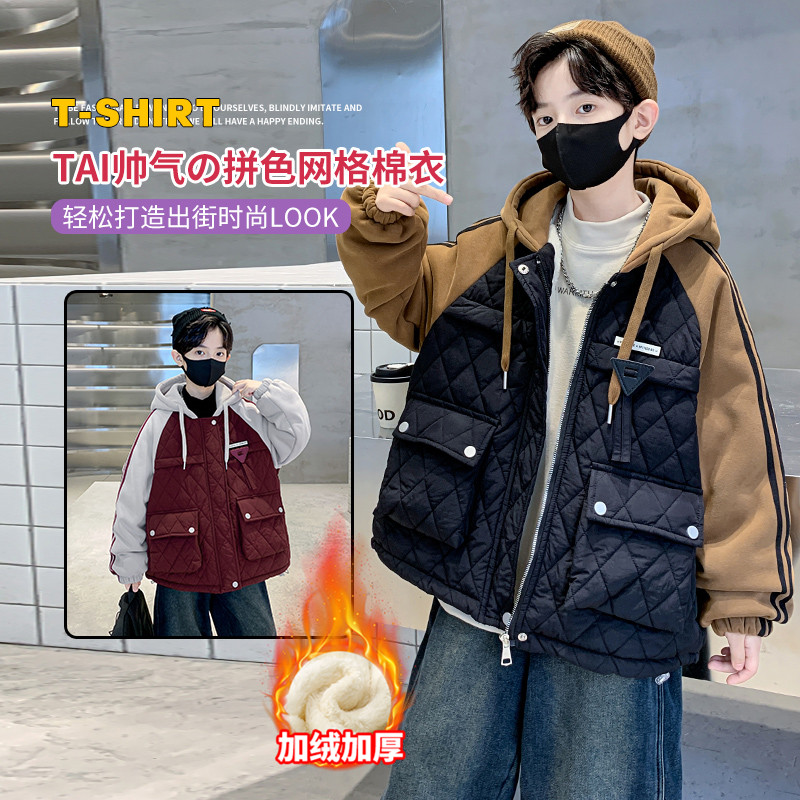 男童薄棉袄冬款加绒加棉加厚菱形格面包服外套儿童新款棉衣中大童