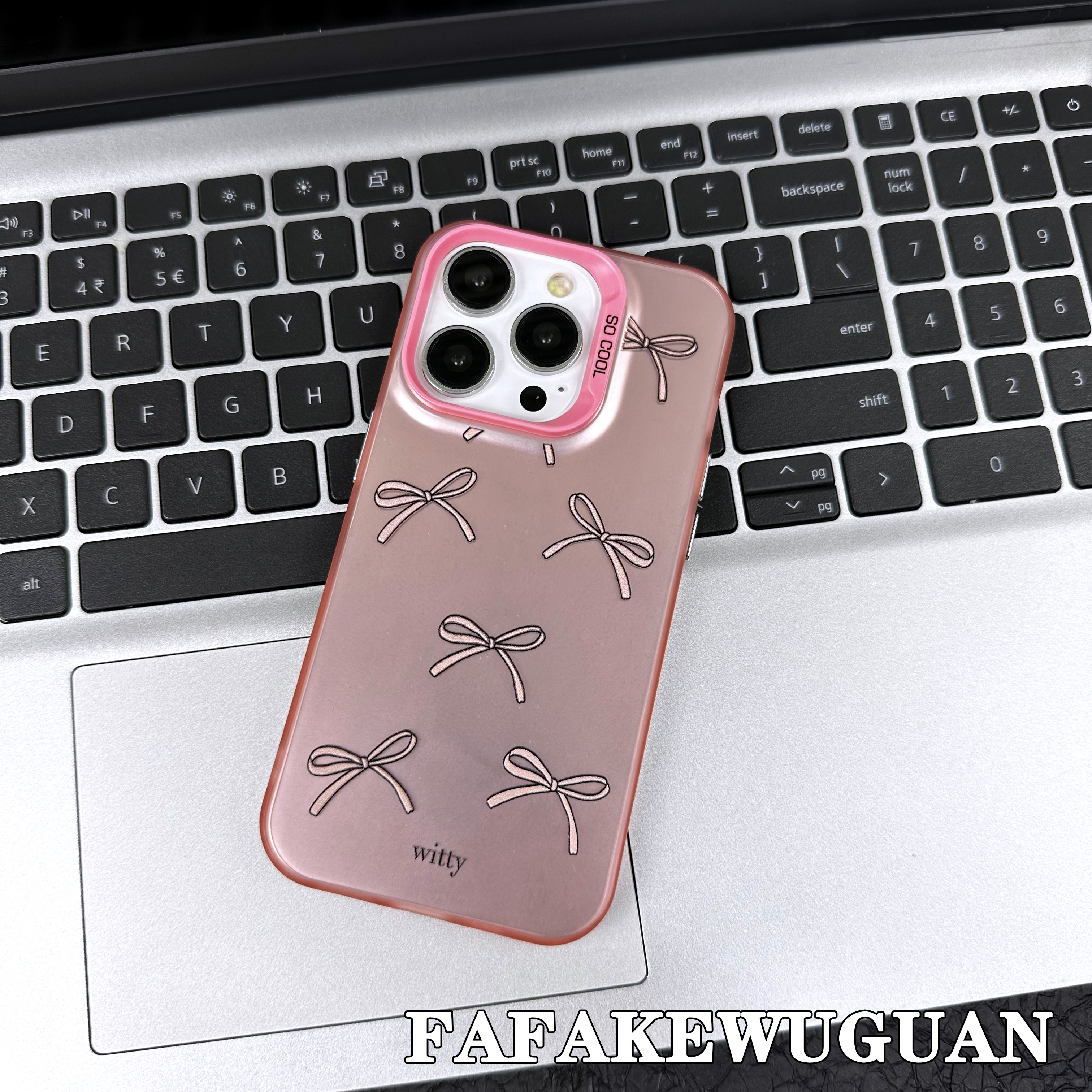 适用苹果15INS可爱蝴蝶结彩银粉色手机壳iphone15pro/14pro