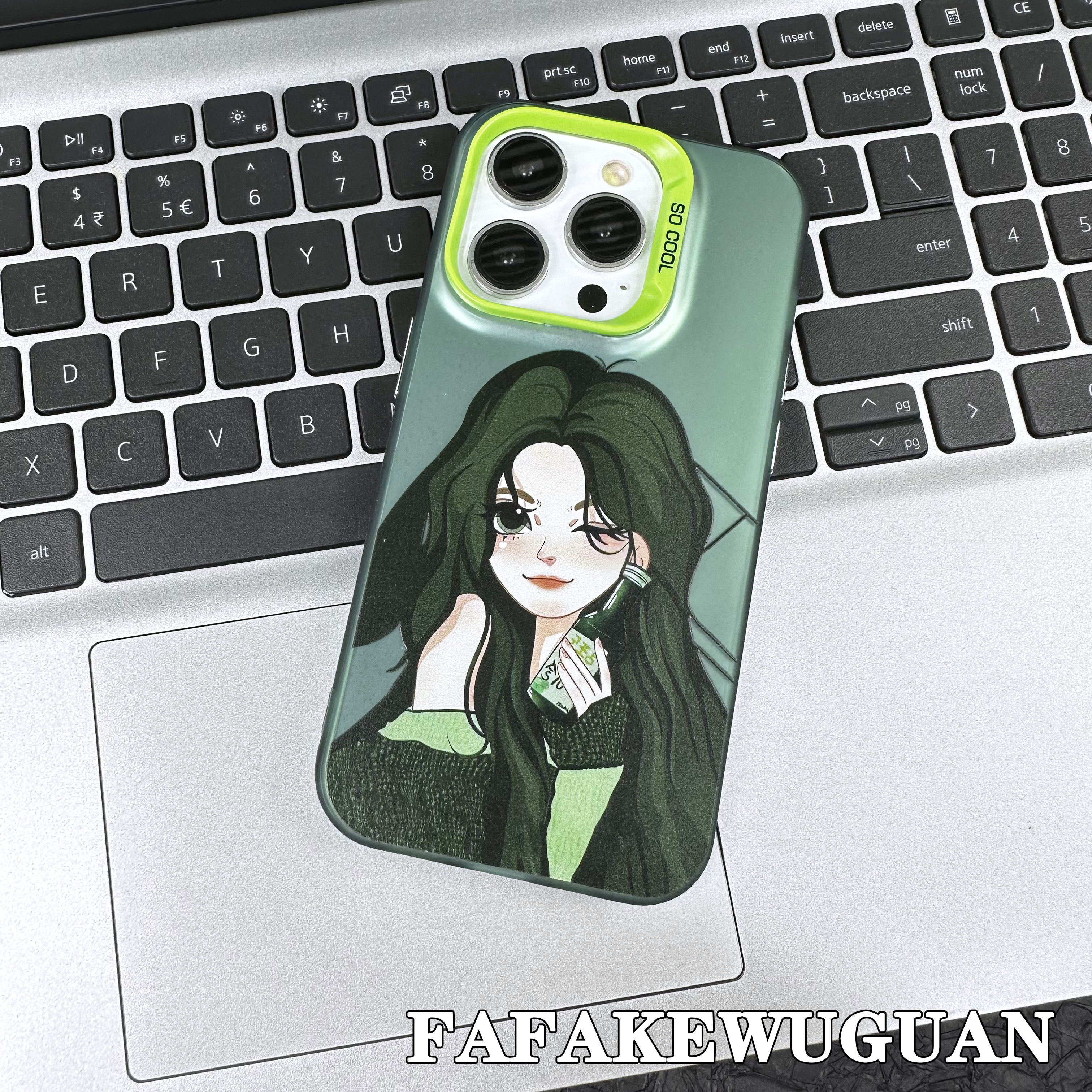 适用苹果15INS可爱绿发女孩彩银绿色手机壳iphone15pro/14pro