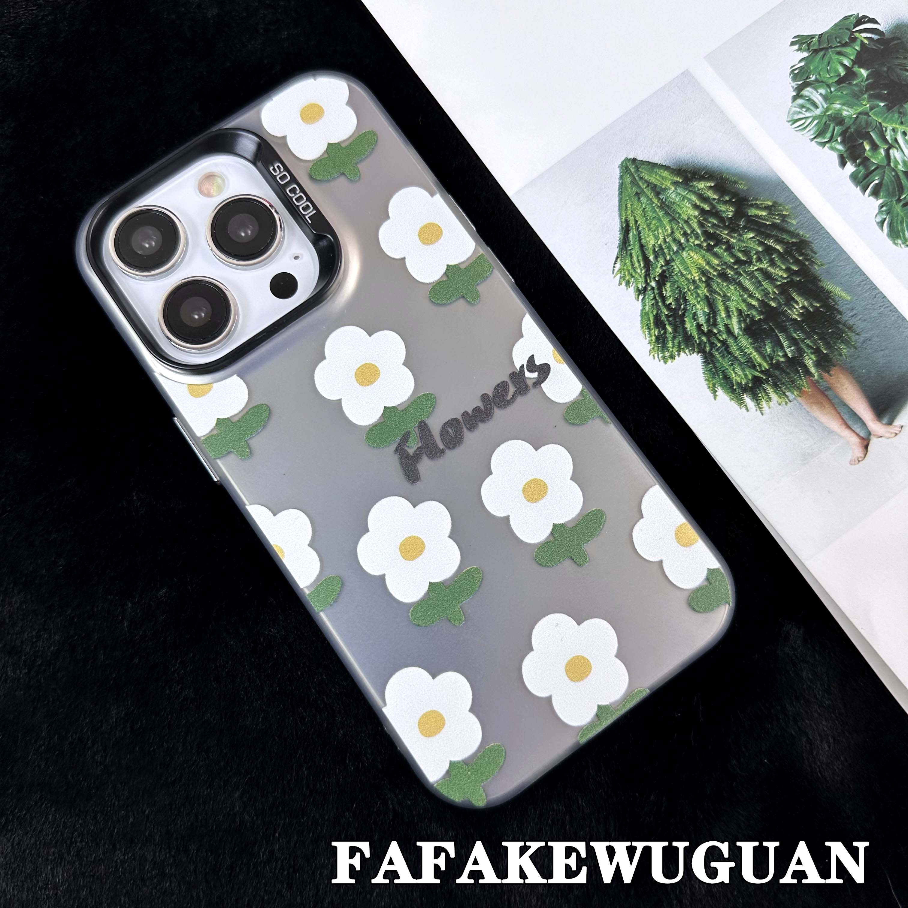 适用苹果15INS可爱黑底色花朵彩银黑色手机壳iphone15pro/14pro