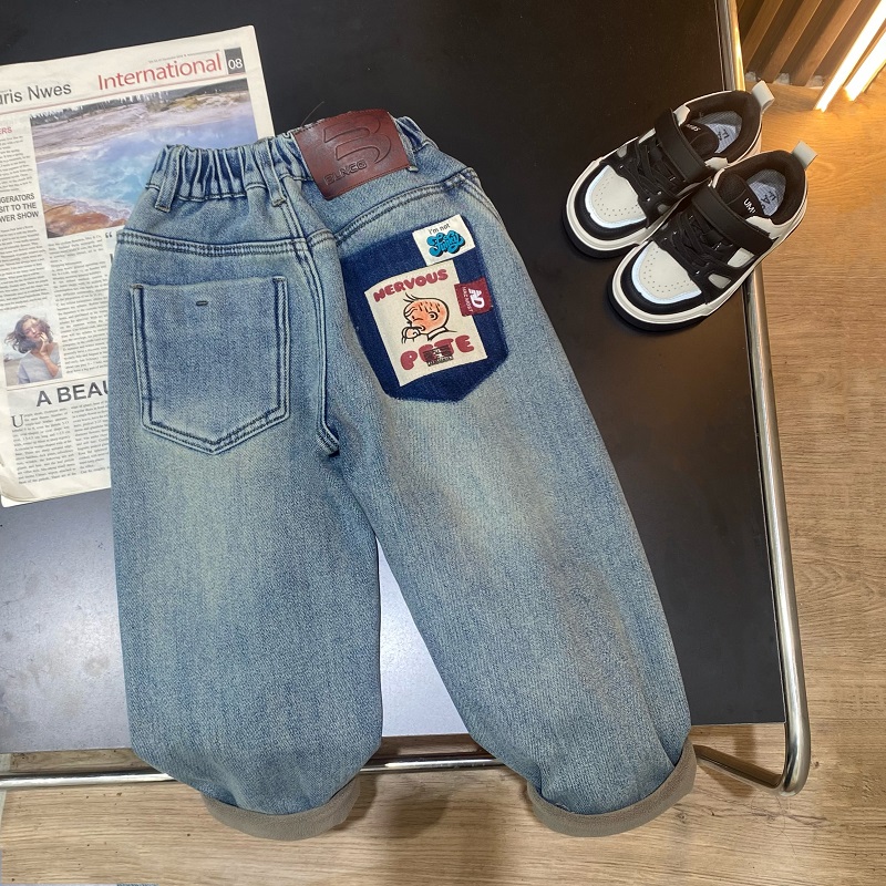 【图图】【月白】B54冬季儿童新款一体绒后袋NERVOUS一体绒牛仔裤