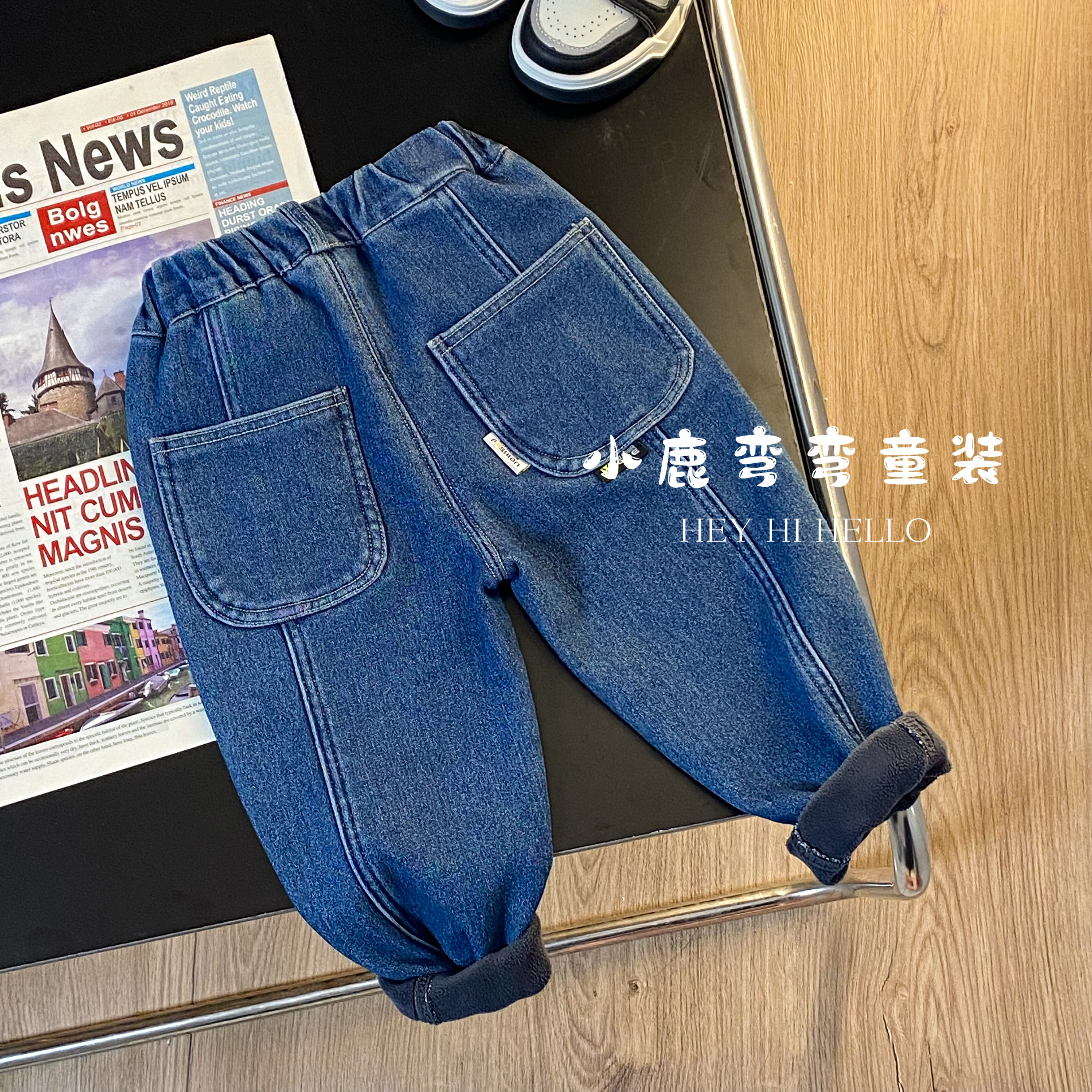 A478儿童冬季新款一体绒后口袋商标牛仔裤