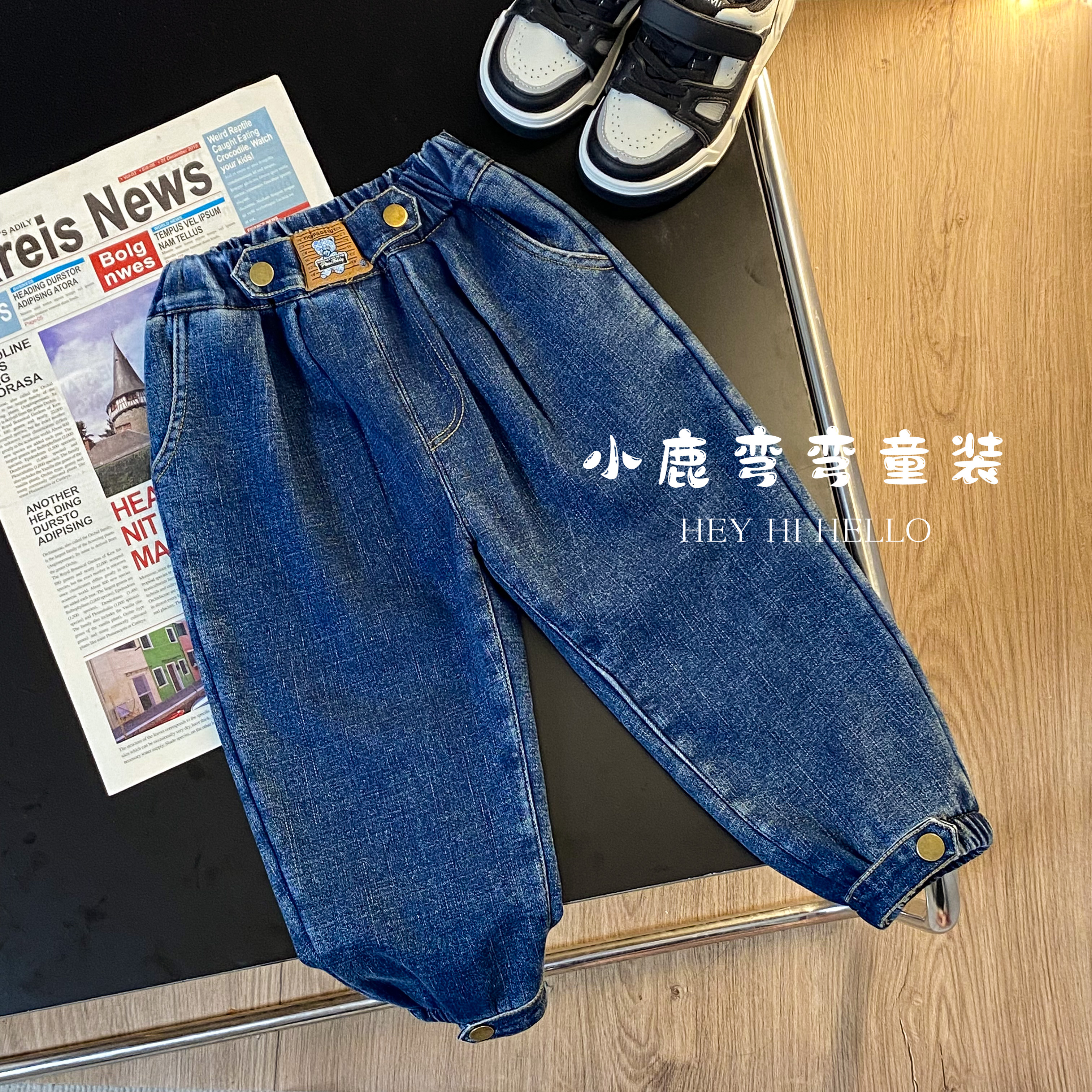 A446冬季儿童一体绒腰头小熊牛仔裤