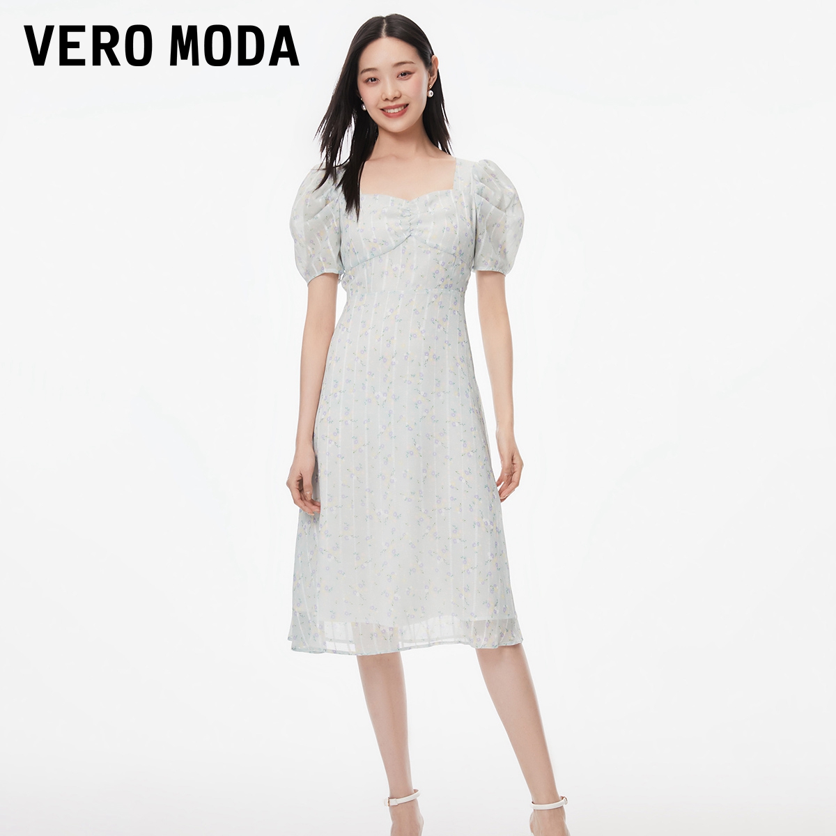 【小店专享】Vero Moda春夏新款方领泡泡袖茶歇连衣裙|32327B021