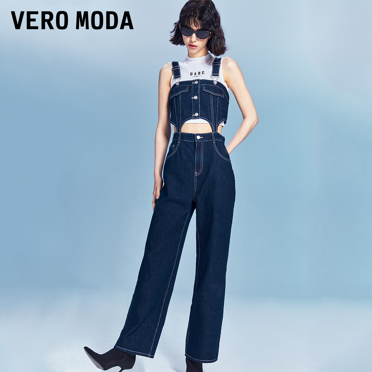 【小店专享】Vero Moda牛仔背带裤女宽松镂空直筒裤显瘦|323364006